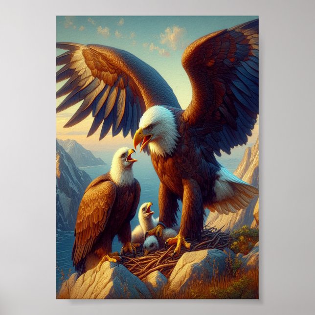 Poster Nidification de famille d'aigle au sommet d'une fa (Devant)