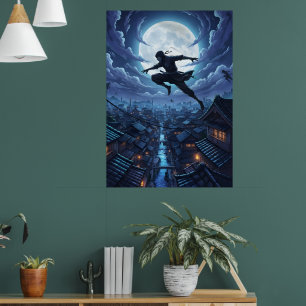 Poster Ninja bondissant à travers les toits sous la lumiè