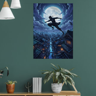 Poster Ninja bondissant à travers les toits sous la lumiè