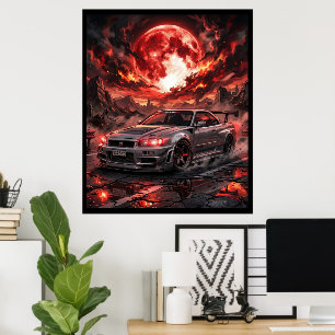Poster Nissan Skyline R34 sous une lune cramoisie