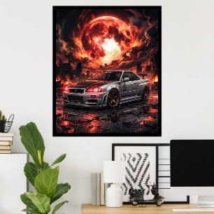 Poster Nissan Skyline R34 sous une lune cramoisie