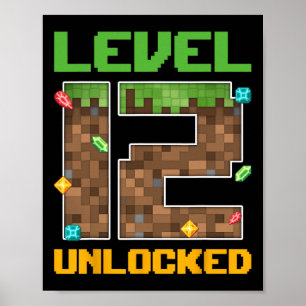 Poster Niveau 12 Débloqué Numéro de jeu vidéo Pixel 12 An