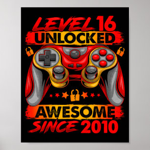 Poster Niveau 16 débloqué Garçons de 16 ans Anniversaire 