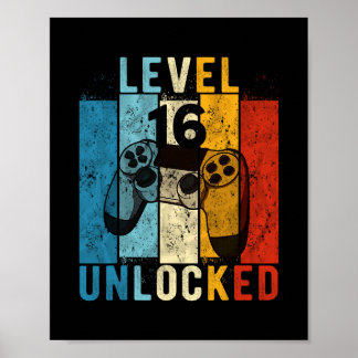 Poster Niveau 16 Débloqué Joueur de Vidéo 16 Ans 16e Anni
