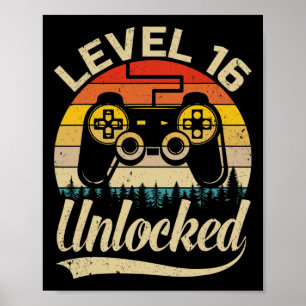 Poster Niveau 16 Déverrouillé Vintage Retro Vidéo Jeu 16t