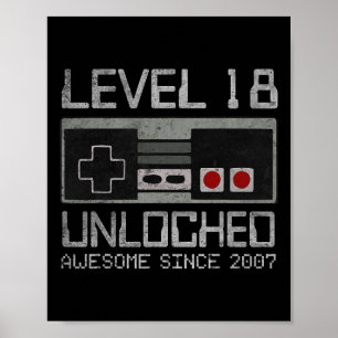 Poster Niveau 18 Débloqué 18e Anniversaire Vidéo 18 Ans 