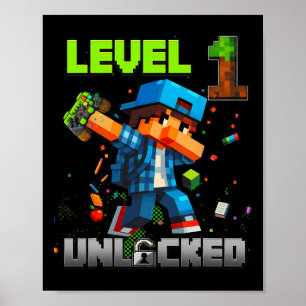 Poster Niveau 1 Débloqué Funny Garçon d'anniversaire Pixe