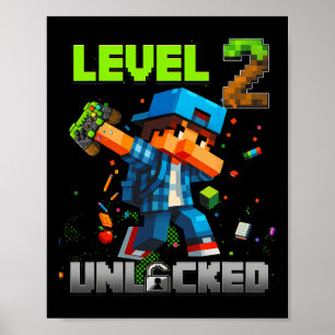Poster Niveau 2 Débloqué Drôle Anniversaire Garçon Pixel 