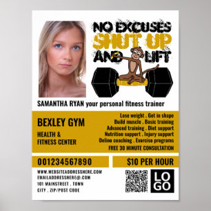 Poster No Excuses Singe, Entraîneur Personnel, Gym Advert