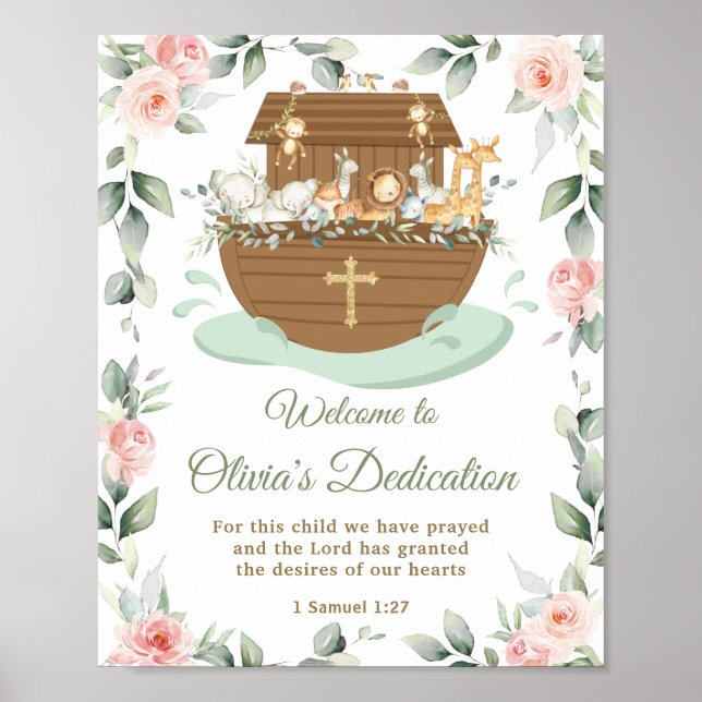 Poster Noah's Ark Pink Floral Dedications Christening (Devant)