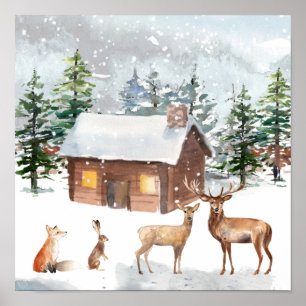Poster Noël, animaux des bois, cabine de bois