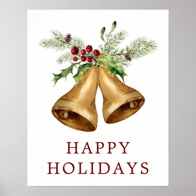 Poster Noël | Aquarelle - Holly Mistletoe & Bells (Devant)