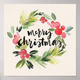 Poster Noël   Aquarelle - Merveilleuse couronne de Noël
