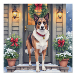 Poster Noël au porche rustique avec Beauceron aquarelle