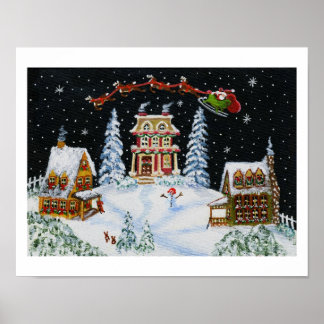 Poster Noël, bonhomme de neige, lapins, Père Noël, paysag