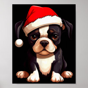 Poster Noël Boston Terrier Chien Chapeau de Père Noël Drô