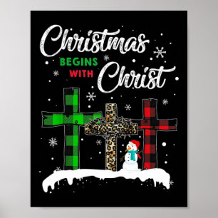 Poster Noël commence avec le bonhomme de neige Jésus-Chri