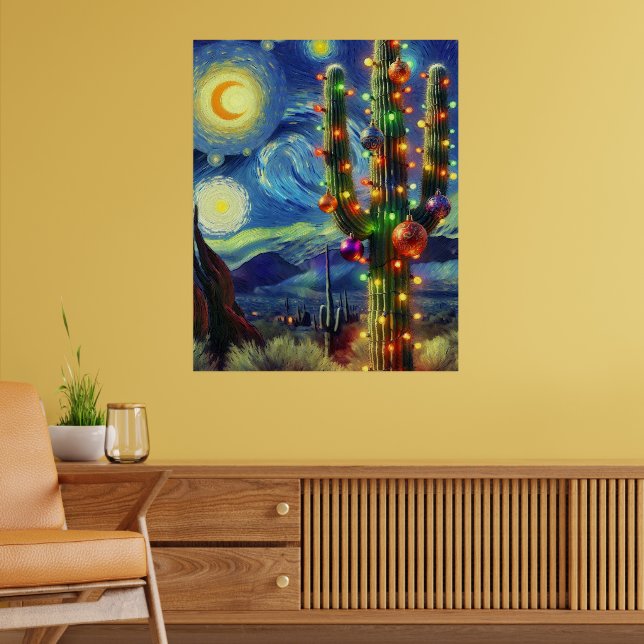 Poster Noël dans le désert Saguaro Cactus bleu vert (Salon 2)