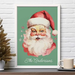 Poster Noël de famille vert vintage rétro Père Noël