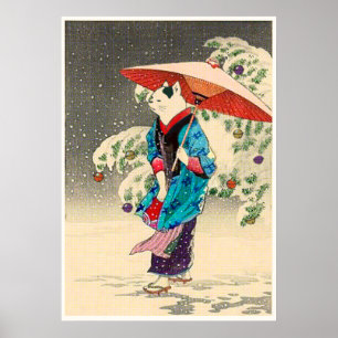 Poster Noël des chats japonais ukiyoe