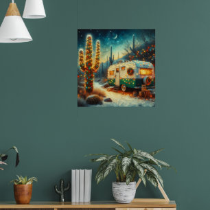 Poster Noël du Camper vintage dans le désert Saguaro Cact