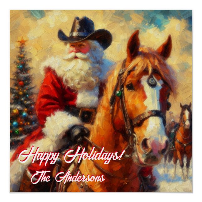 Poster Noël du Père Noël occidental et du Cheval (Devant)