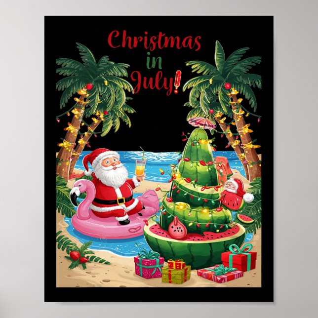 Poster Noël En Juillet Pastèque Noël Plage Père Noël (Devant)