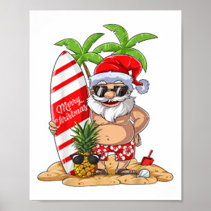 Poster Noël En Juillet Père Noël Hawaiian Surfing Cadeaux