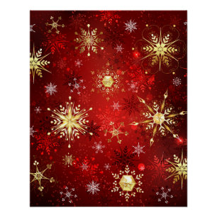 Poster Noël Golden Snowflakes sur Arrière - plan rouge