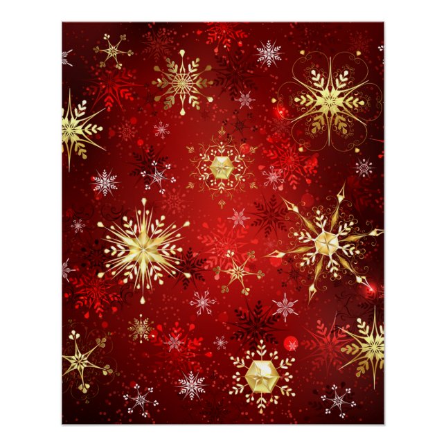Poster Noël Golden Snowflakes sur Arrière - plan rouge (Devant)