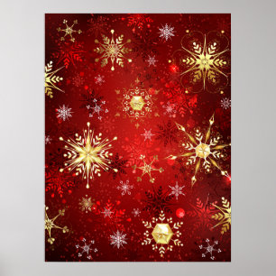 Poster Noël Golden Snowflakes sur Arrière - plan rouge