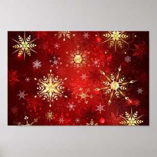 Poster Noël Golden Snowflakes sur Arrière - plan rouge