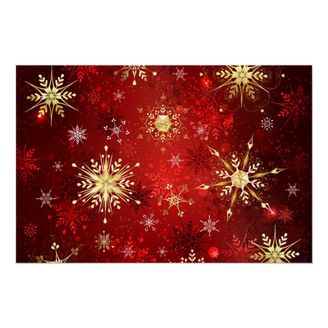Poster Noël Golden Snowflakes sur Arrière - plan rouge (Devant)