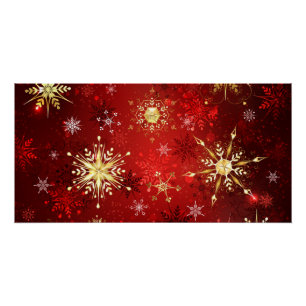 Poster Noël Golden Snowflakes sur Arrière - plan rouge