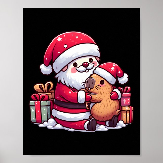 Poster Noël Le Père Noël Accroche De Mignonnes Capybara A (Devant)