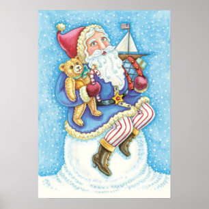 Poster Noël mignon, le Père Noël sur Snowball avec jouets