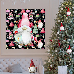Poster Noël Père Noël Gnome et Motif noir Arrière - plan