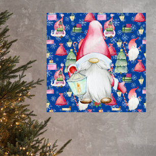 Poster Noël Père Noël Gnome & Motif bleu Arrière - plan