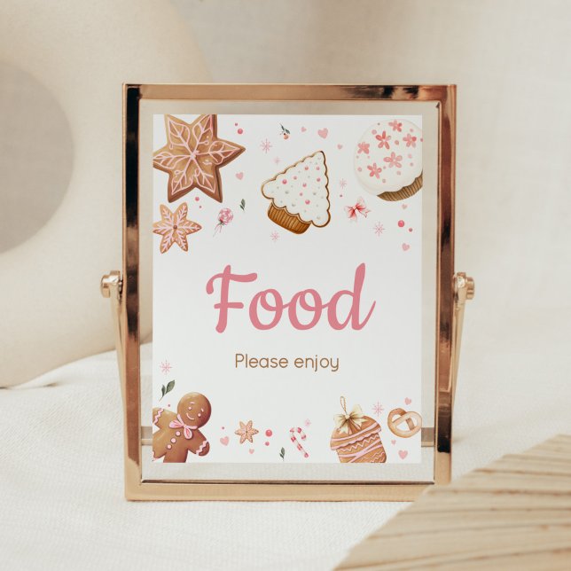 Poster Noël rose Petit biscuit Baby shower Nourriture (Christmas Little Cookie Gingerbread Baby Shower Food Sign)