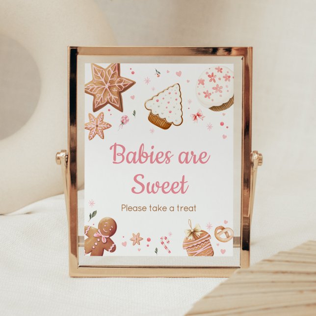 Poster Noël rose Petits biscuits Les bébés sont doux (Christmas Little Cookie Gingerbread Baby Shower Babies are Sweet Sign)