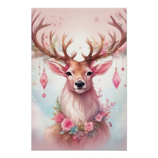Poster Noël rose : Renne avec une fleur rose (Devant)