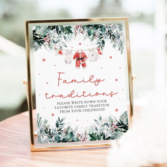 Poster Noël Rouge Père Noël Baby Family Traditions Jeu (Watercolor Christmas Red Santa Baby Family Traditions Game Sign)