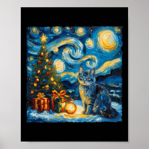 Poster Noël Russe Bleu Chat Art Van Gogh's The Star