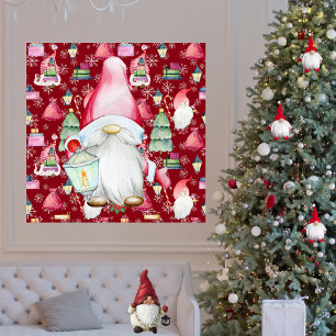 Poster Noël Santa Gnome & Fond à motif rouge