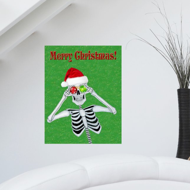 Poster Noël Squelette Casquette Ornements Green Gold flec (Fun Merry Christmas Skeleton with ornament eyes Santa Hat on Green with gold flecks artwork poster.)