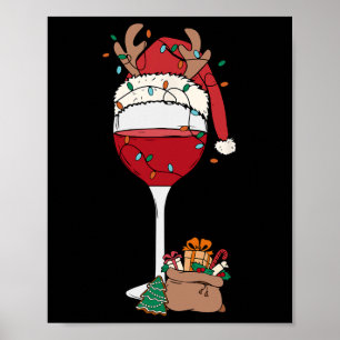 Poster Noël Verre rouge Vin Santa Hat Reindeer Fun Xm