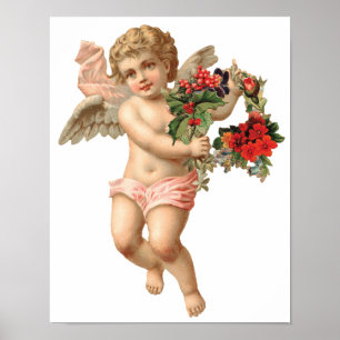 Poster Noël vintage, Ange victorien avec couronne florale
