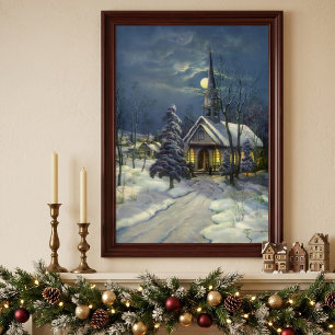 Poster Noël vintage, église d'hiver dans la neige avec la