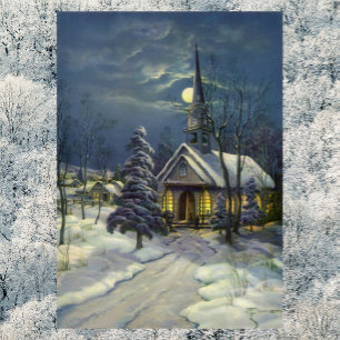Poster Noël Vintage, Église d'hiver en Neige avec Lune