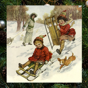 Poster Noël Vintage, Enfants Victoriens Dormir Chien